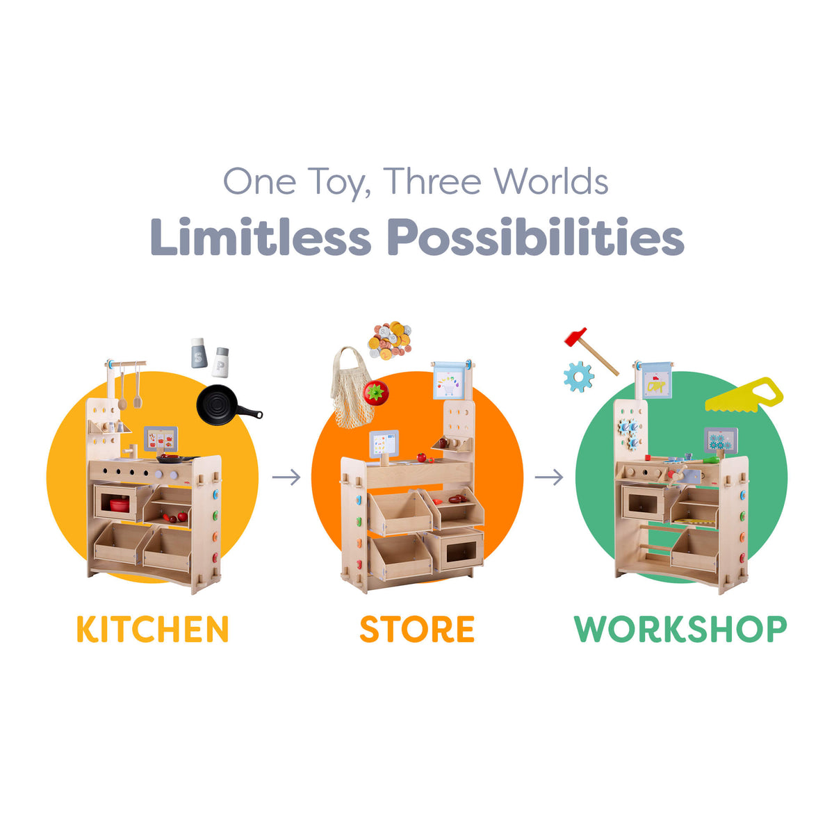 Creative Play 3 in 1 – Play Kitchen, Store & Workshop - The Baby Penguin