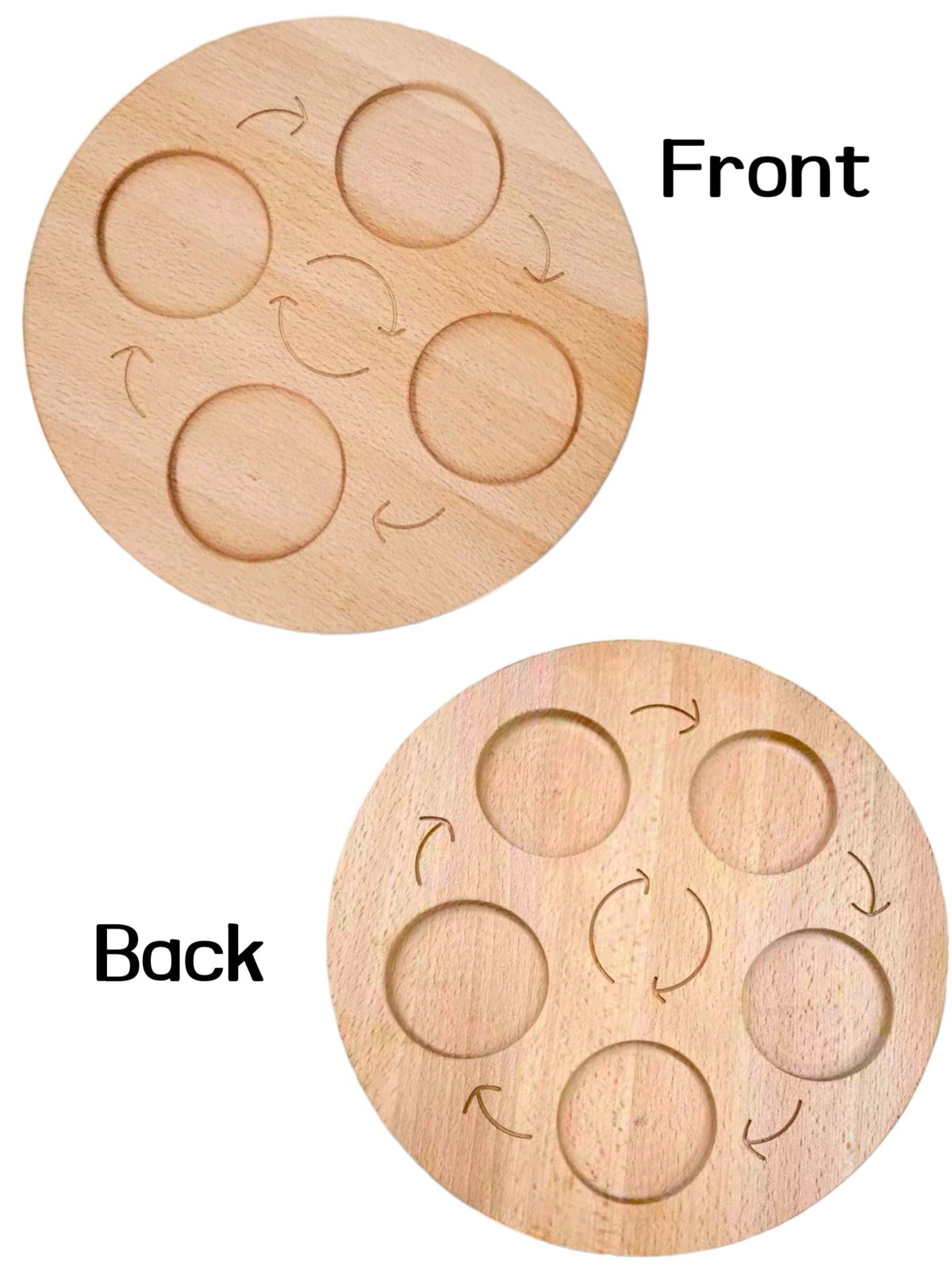 Front and back of the double-sided wooden life cycle board showing four and five slots
