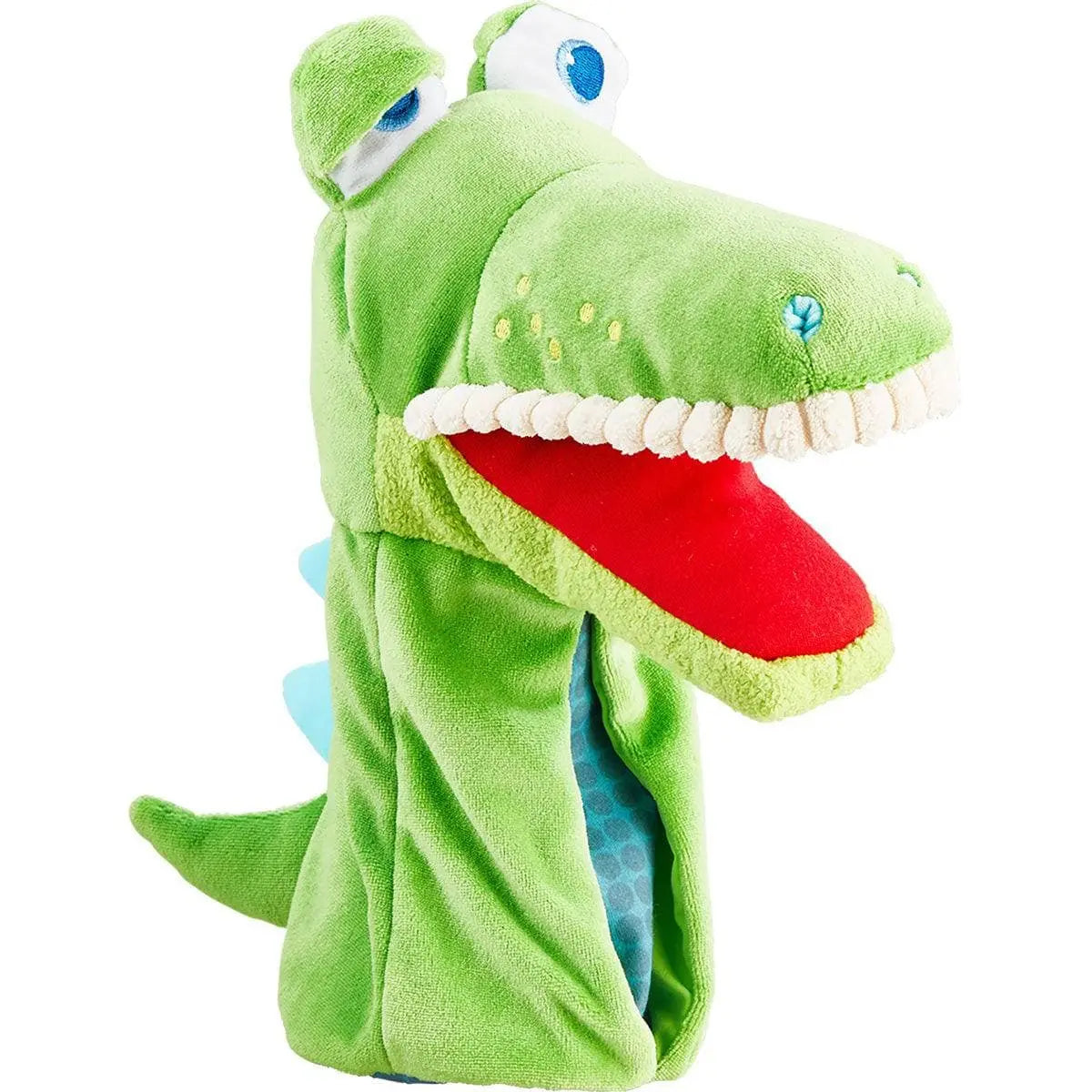 HABA Eat-It-Up Croco puppet showing its green body, tail and open red mouth