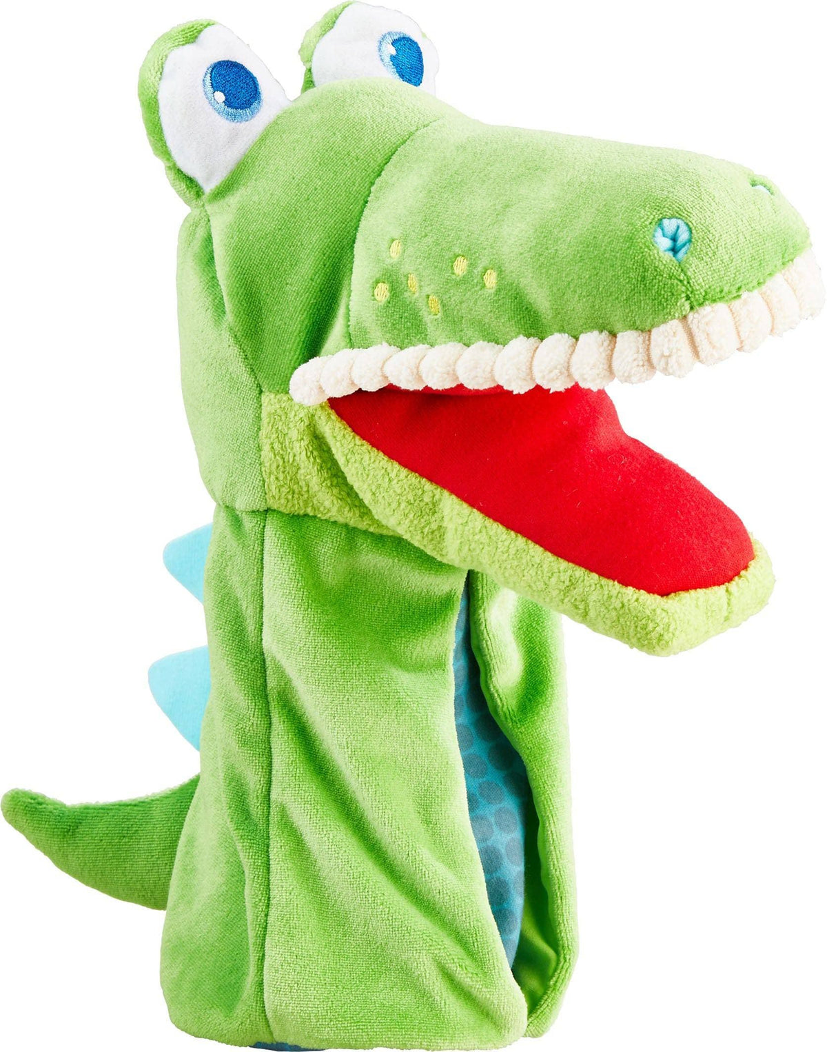 Front view of HABA Croco hand puppet with blue eyes and white teeth