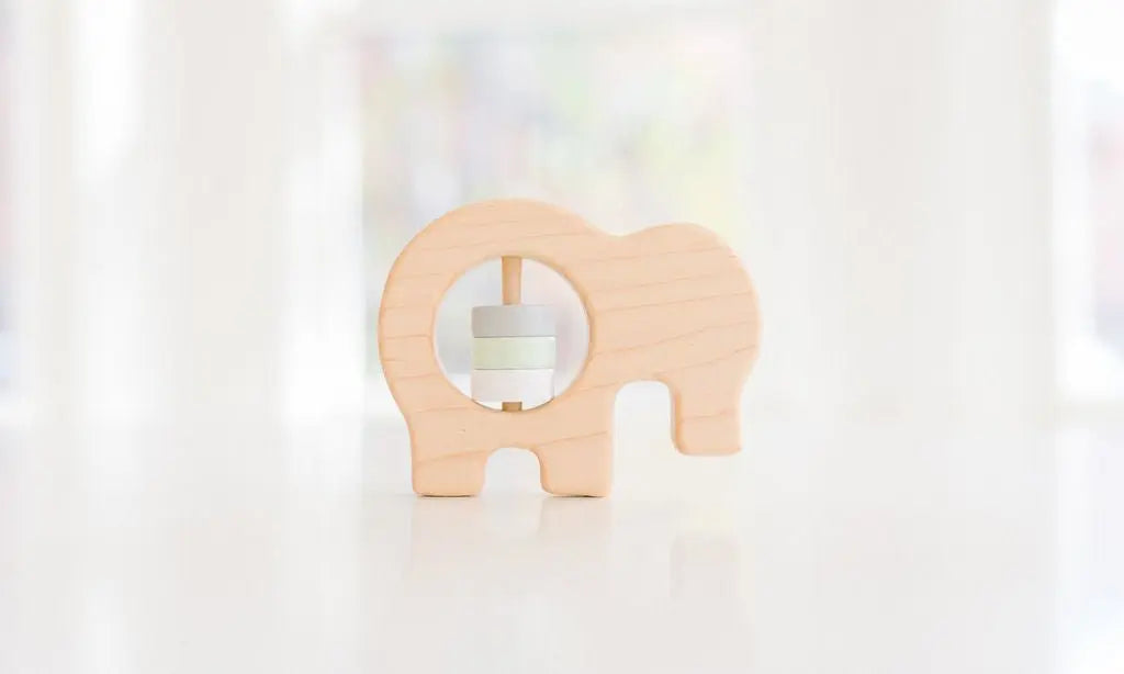 Bannor Toys Elephant Wooden Baby Rattle, showing wooden shape and movable rattle pieces