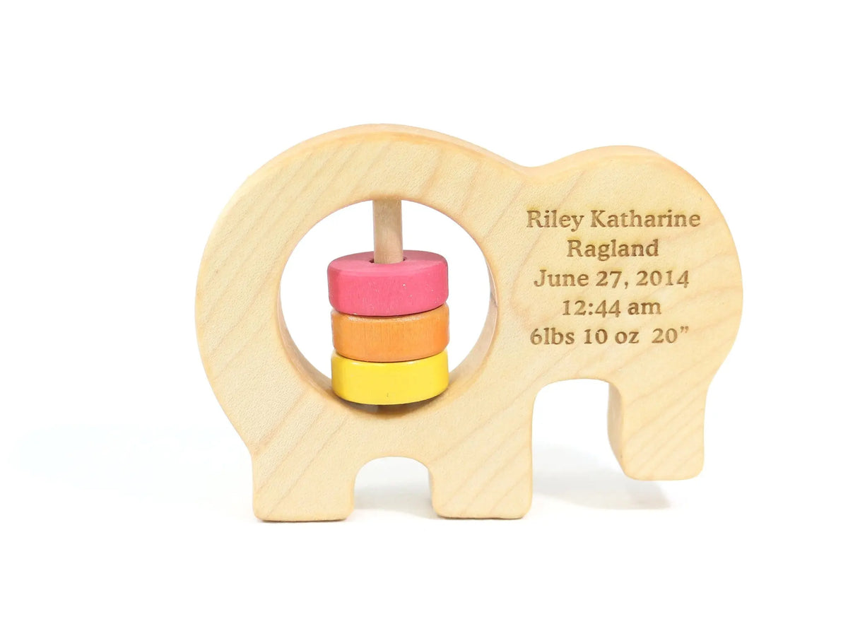 Bannor Toys Elephant Wooden Baby Rattle with example laser engraving and colored rattle discs