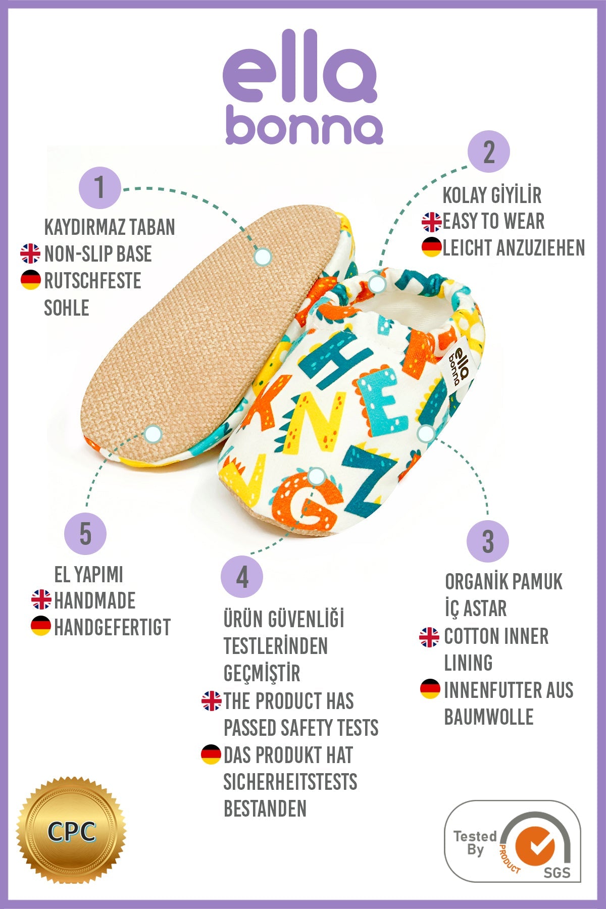 Ella Bonna feature graphic showing white slip-on baby moccasins with colorful alphabet print, numbered callouts, and CPC and SGS marks.