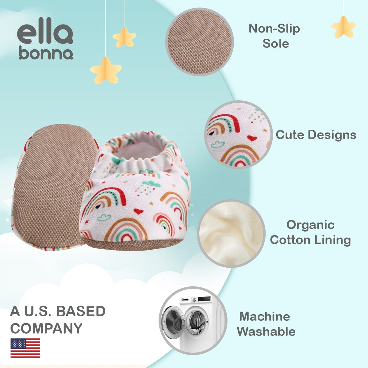 Ella Bonna feature graphic showing rainbow-print moccasins, material and care callouts, and a U.S.-based company claim.