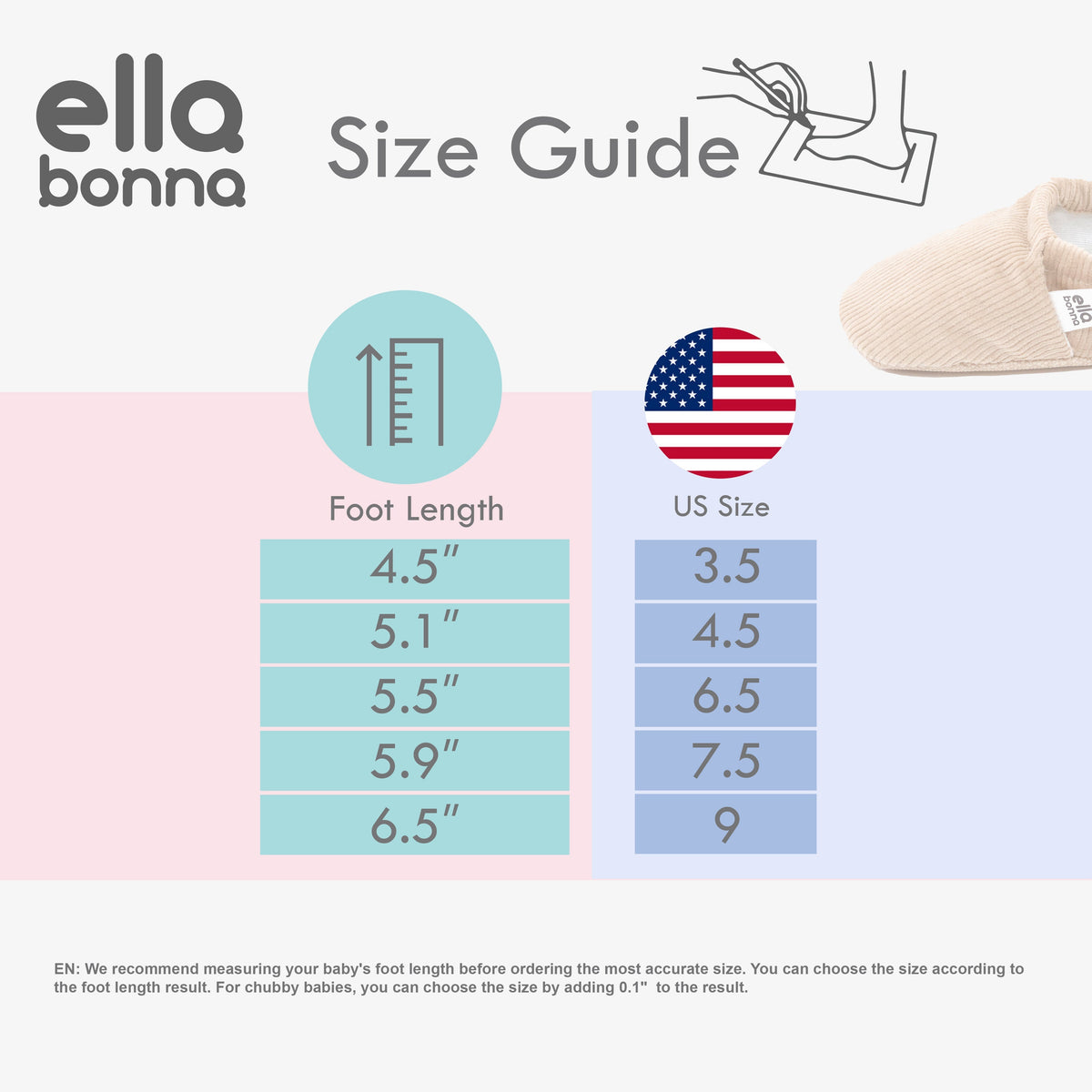 Ella Bonna moccasin size guide comparing foot lengths in inches with US shoe sizes.