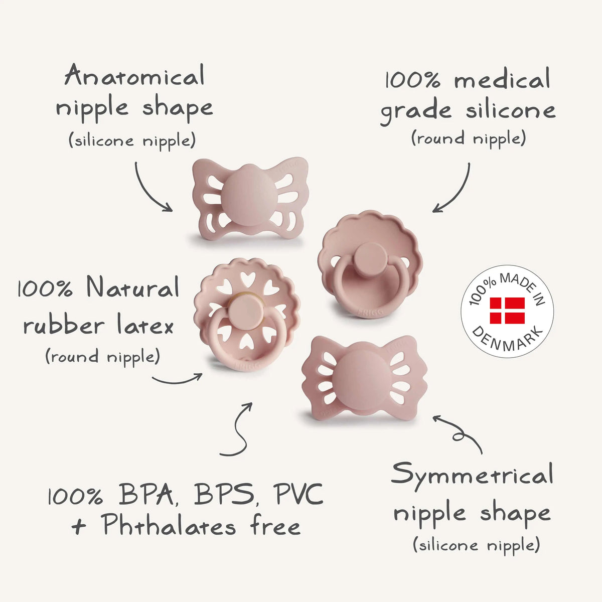 FRIGG Baby's First Pacifier Floral Heart (Blush) 4-Pack | FRIGG PACIFIERS | The Baby Penguin