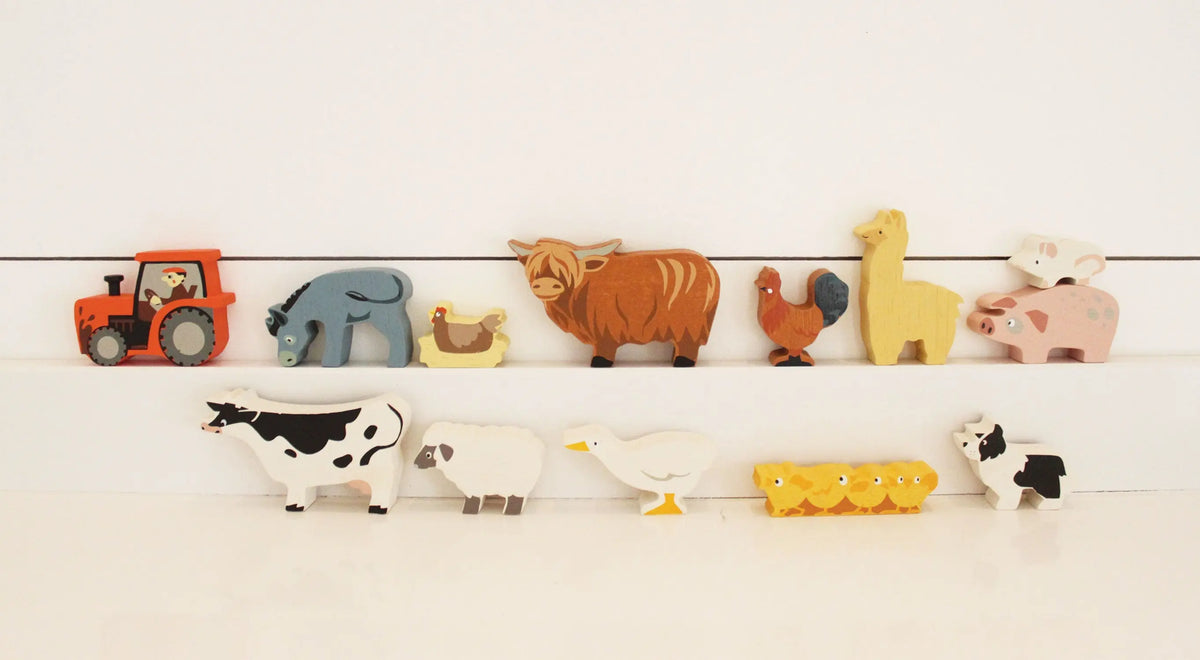 Tender Leaf Farmyard Wooden Animals with Display Shelf