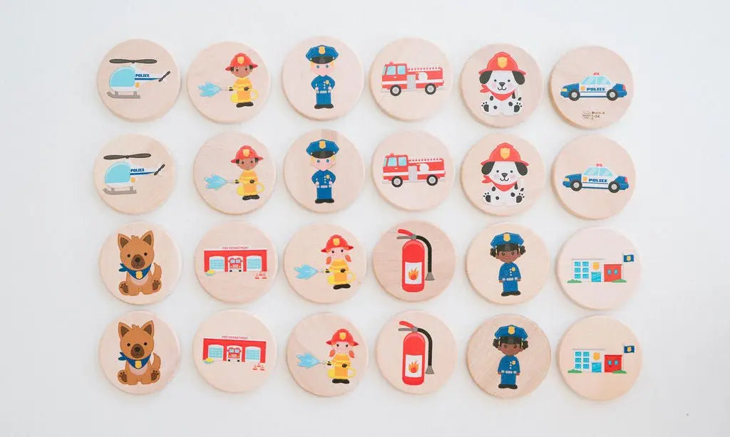 Bannor Toys First Responders Matching Tiles collection view, showing illustrated round wooden matching tiles