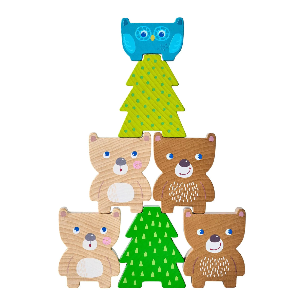 HABA Forest Friends stacking blocks arranged as bears, green trees and a blue owl