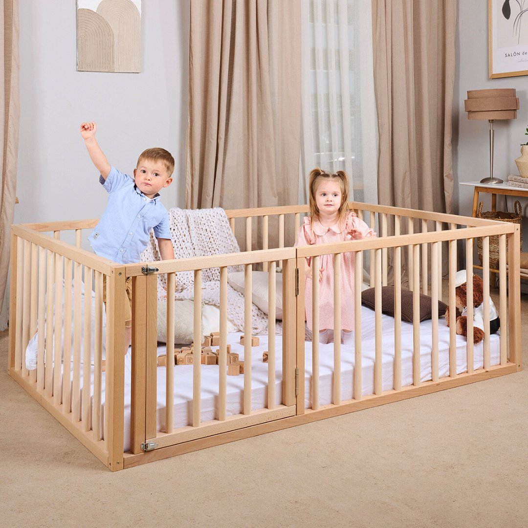 Twin Montessori Floor Bed Frame for Toddlers with Fence - The Baby Penguin