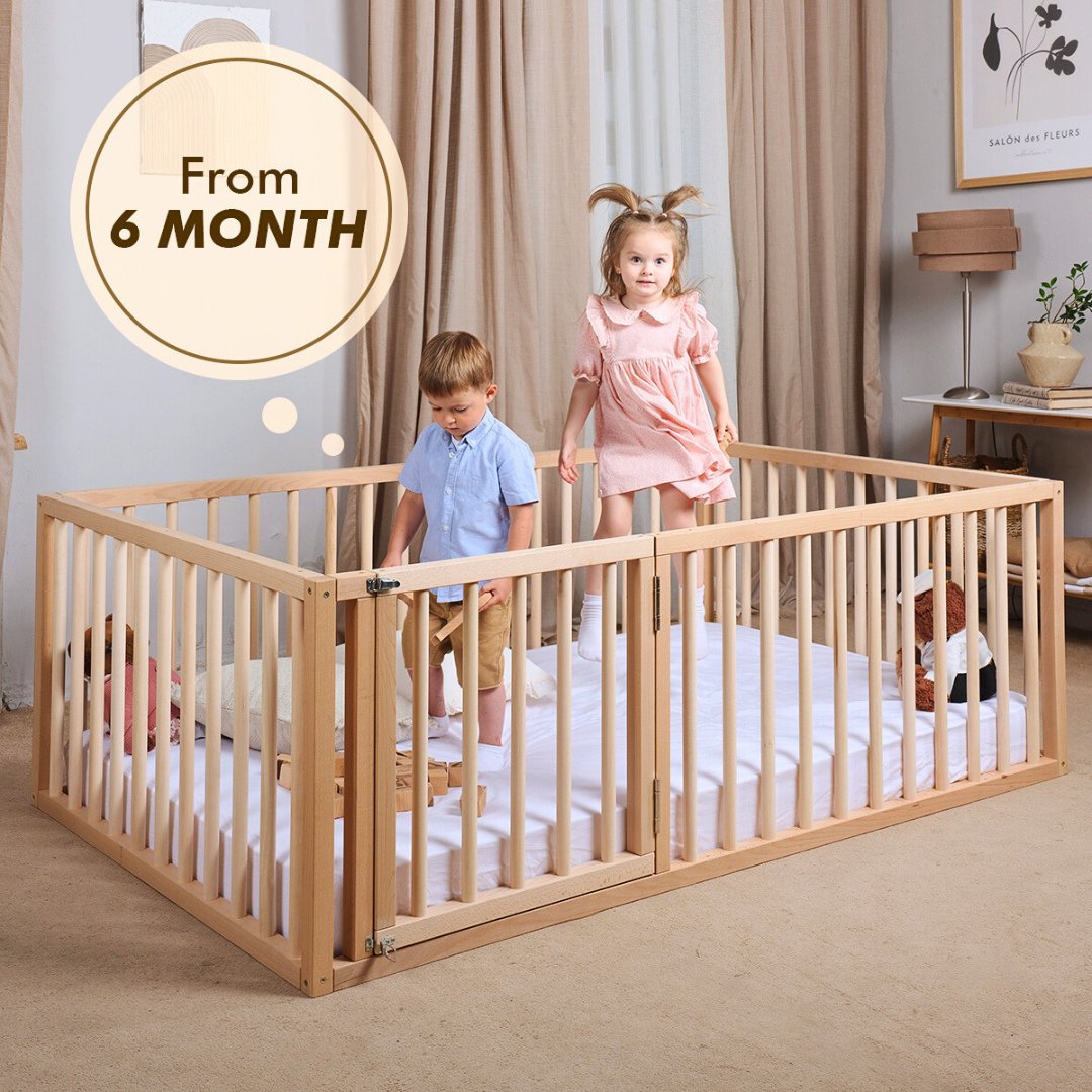 Twin Montessori Floor Bed Frame for Toddlers with Fence - The Baby Penguin