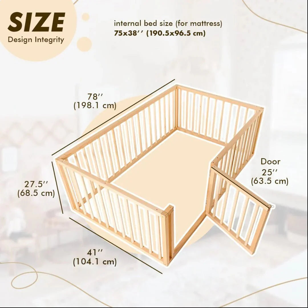 Twin Montessori Floor Bed Frame for Toddlers with Fence - The Baby Penguin