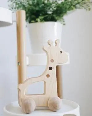 Bannor Toys Giraffe Push Toy, showing animal-shaped wooden body and rolling wheels