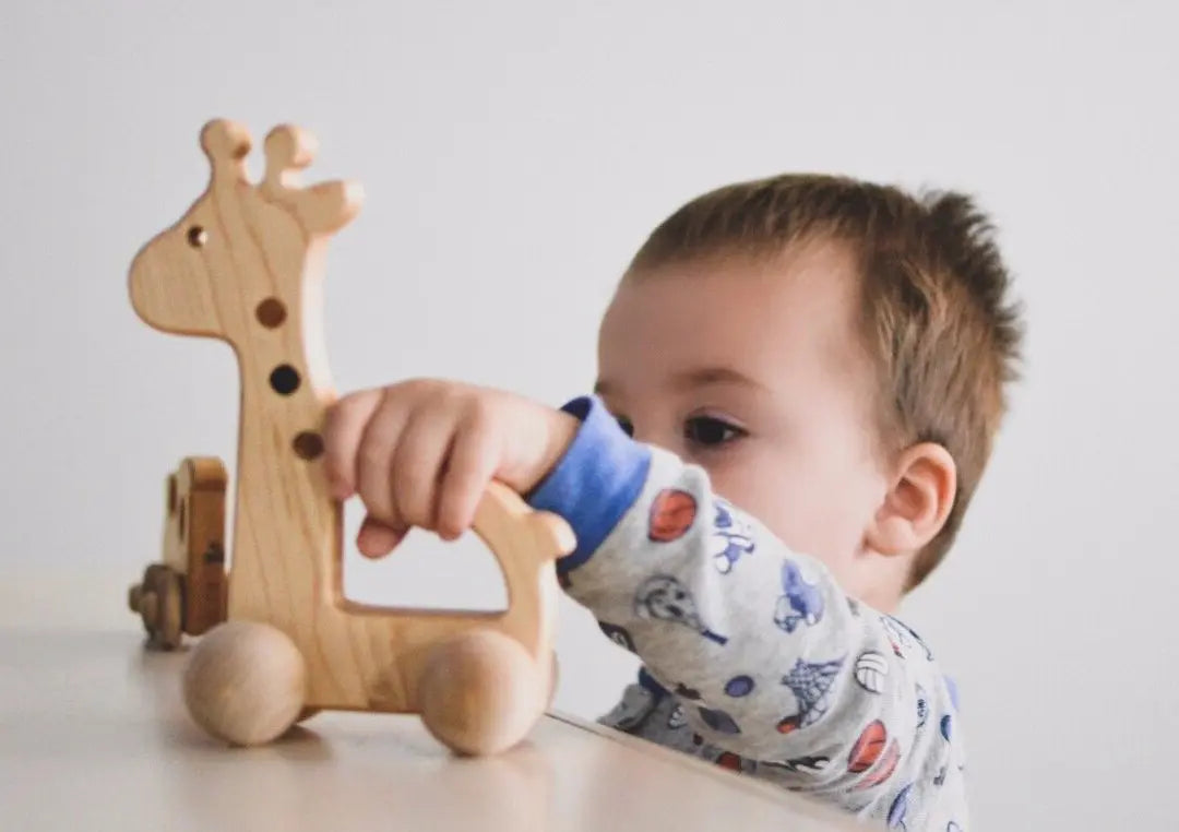 Lifestyle photo showing a wooden push toy with a child