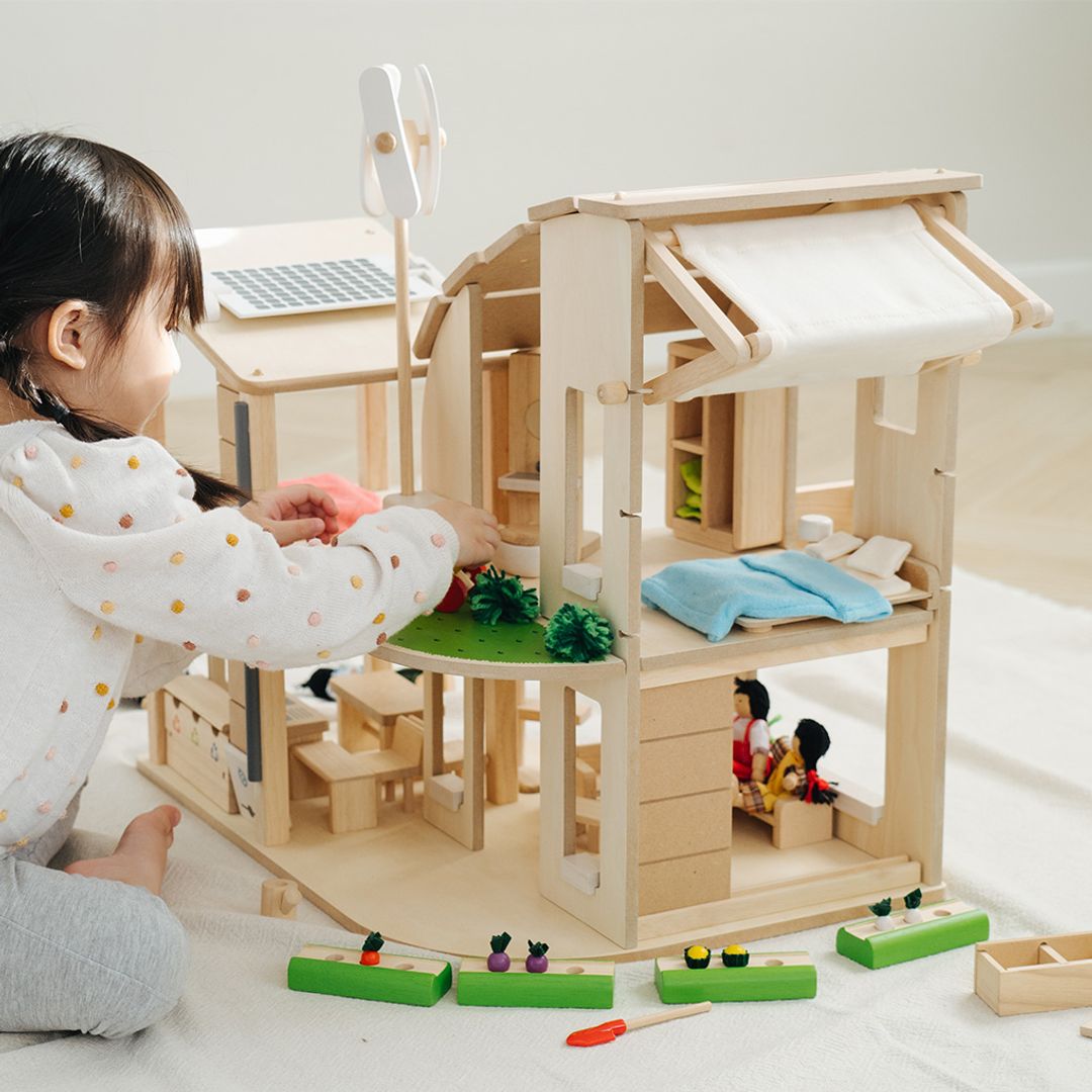 PlanToys Green Wooden Dollhouse with Furniture