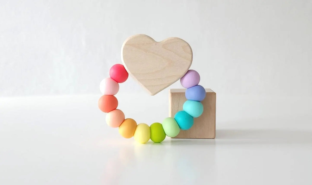 Heart Charm Teether with multicolored rainbow silicone beads