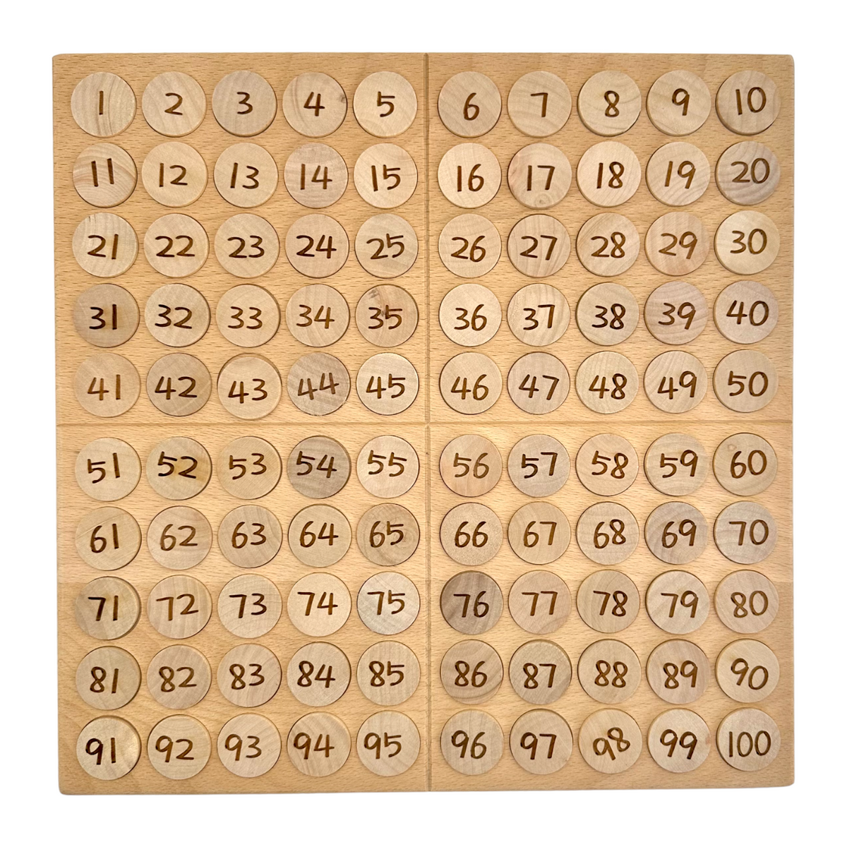 Wooden hundred frame filled with numbered coins from one to one hundred
