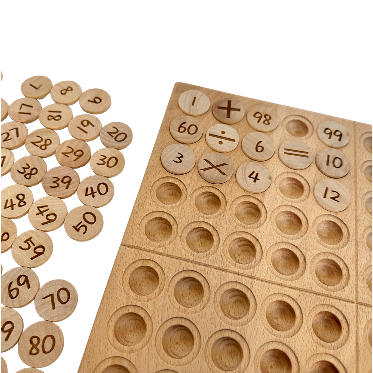 Close-up of the beechwood frame, loose number coins, and math symbol coins