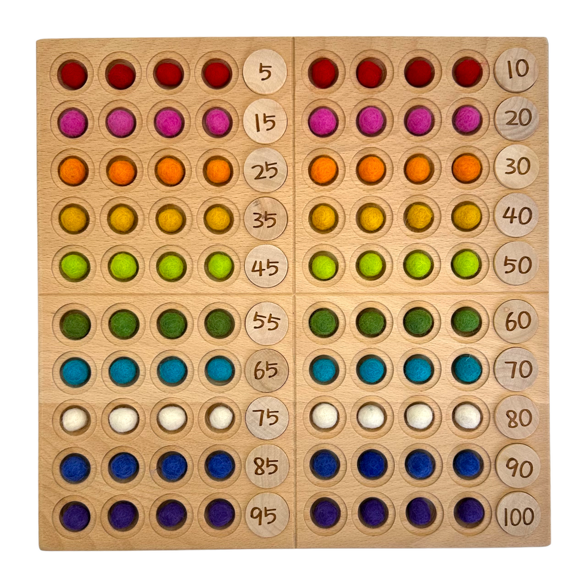 Hundred frame filled with wool balls in ten rainbow colors and counting markers