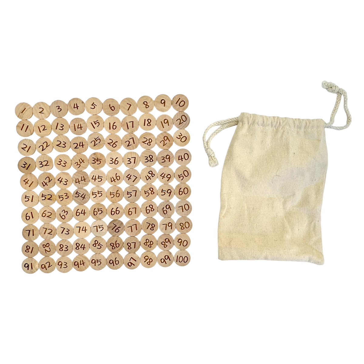 One hundred numbered wooden counting coins displayed beside a drawstring bag