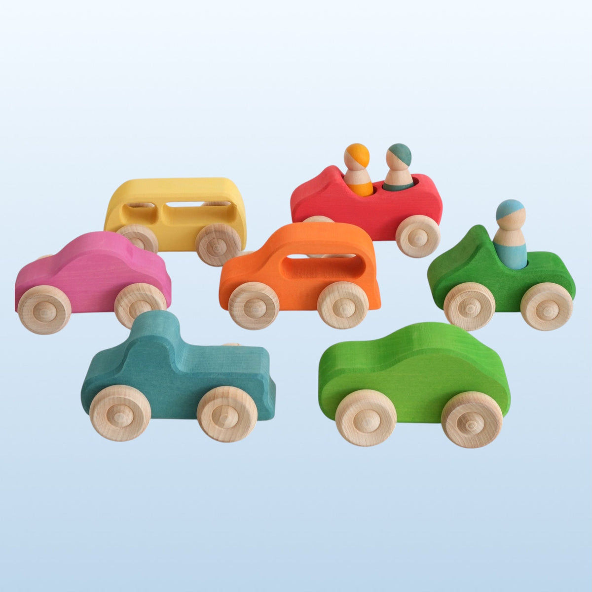 Green Elephant Stained Wooden Cars with 3 Peg Dolls – product view
