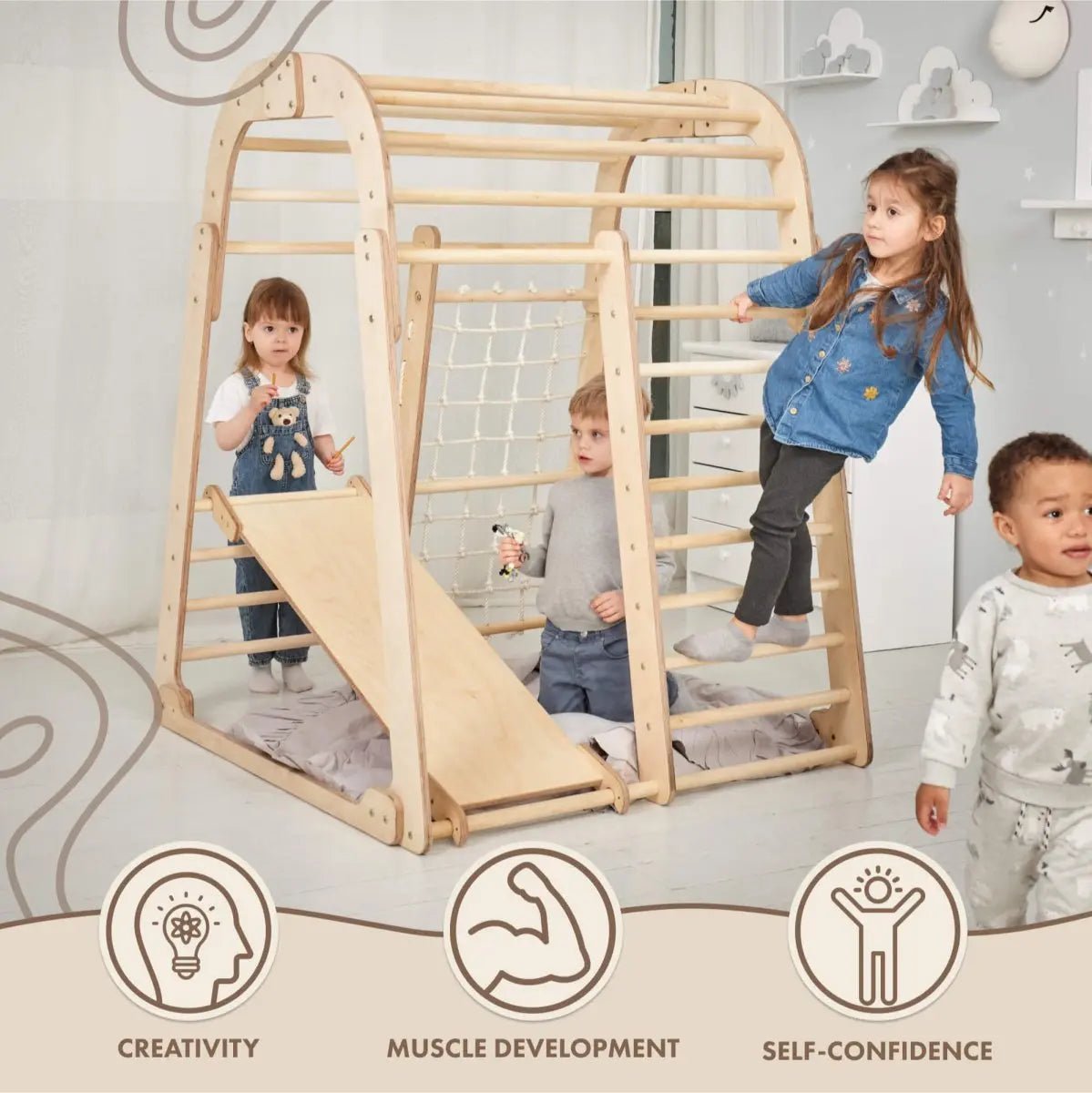 Indoor Wooden Playground for Children - 6in1 Playground + Swings Set + Slide Board - The Baby Penguin