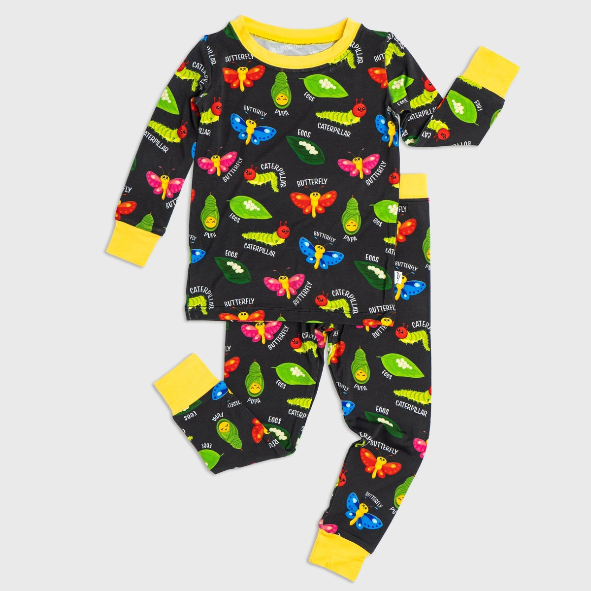 Flat lay of Bam & Stitch It's Morphing Time! Long Sleeve Pajamas, showing the matching top and bottoms.