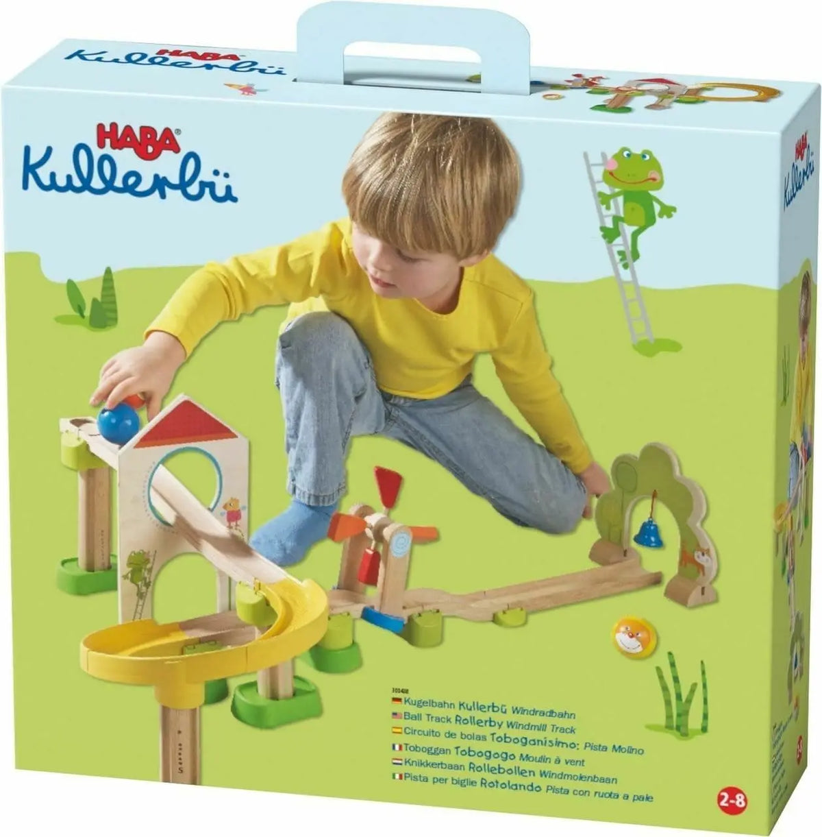 HABA Kullerbu Windmill track set box showing a child playing with the assembled track