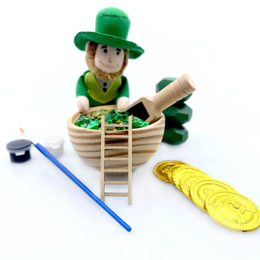 Lucky Leprechaun set with doll, bowl, ladder, play coins, balancing stones and painting tools