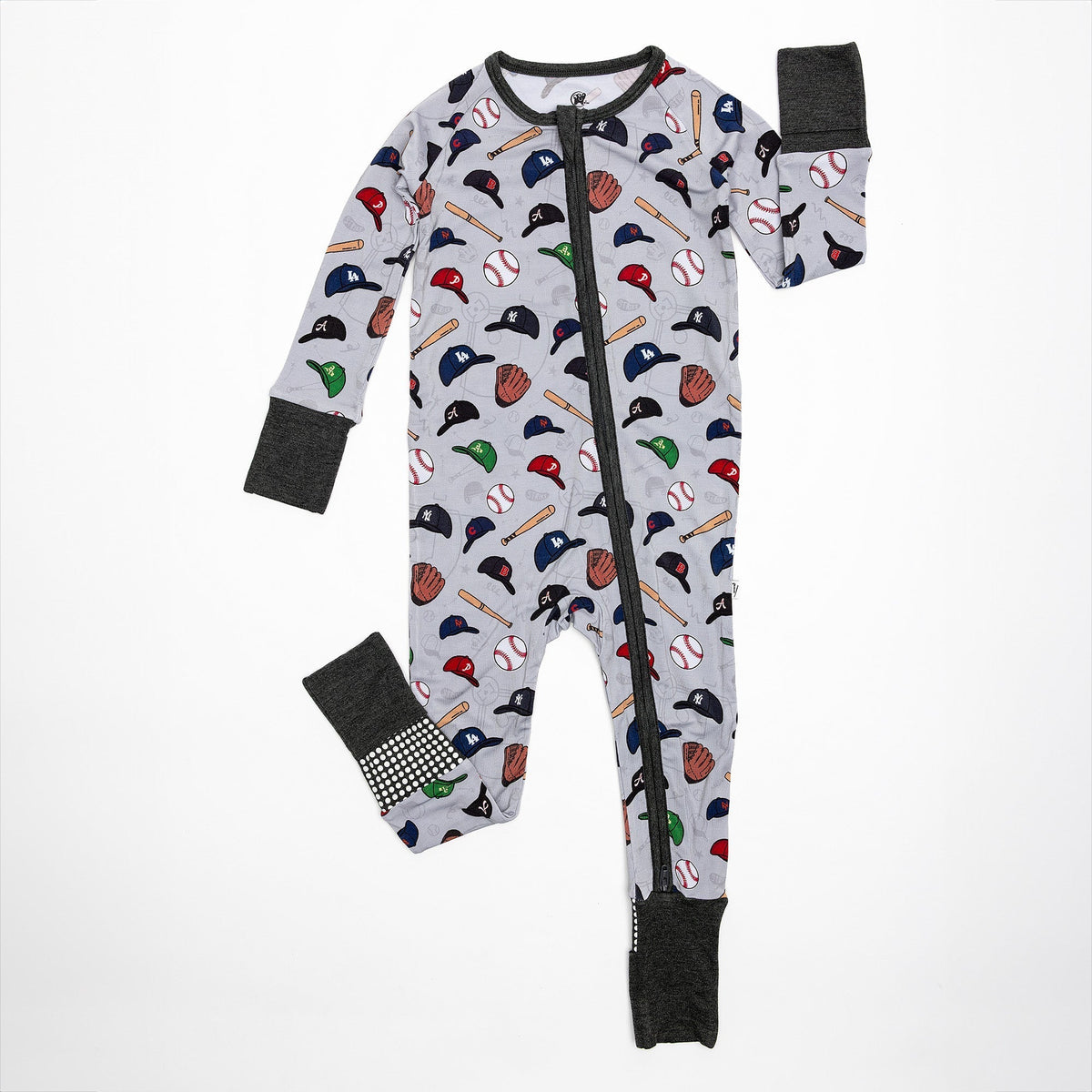 Flat lay of Bam & Stitch Major League Buddies Convertible Romper, showing the complete garment.