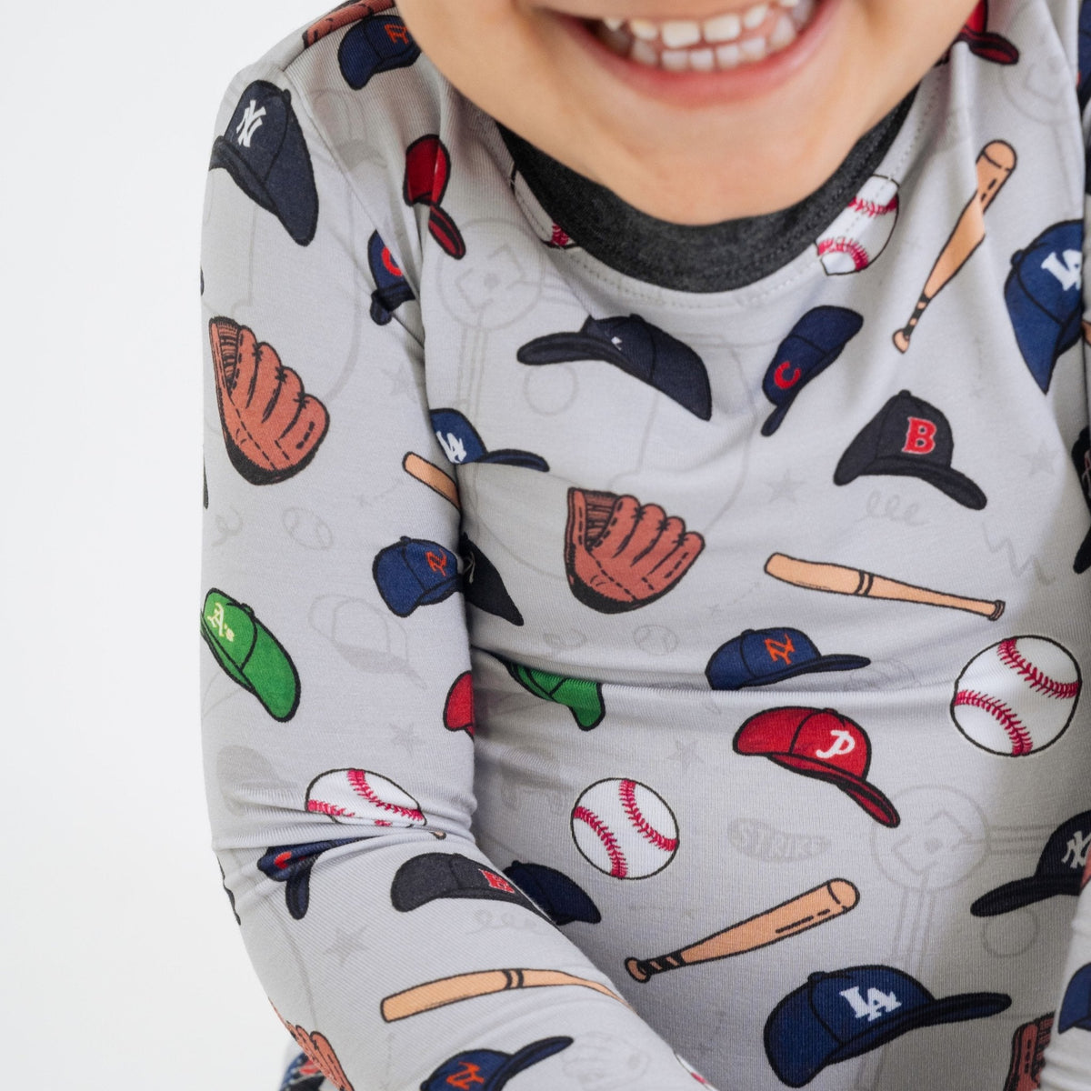 Close-up of the top and neckline on Bam & Stitch Major League Buddies Long Sleeve Pajamas.