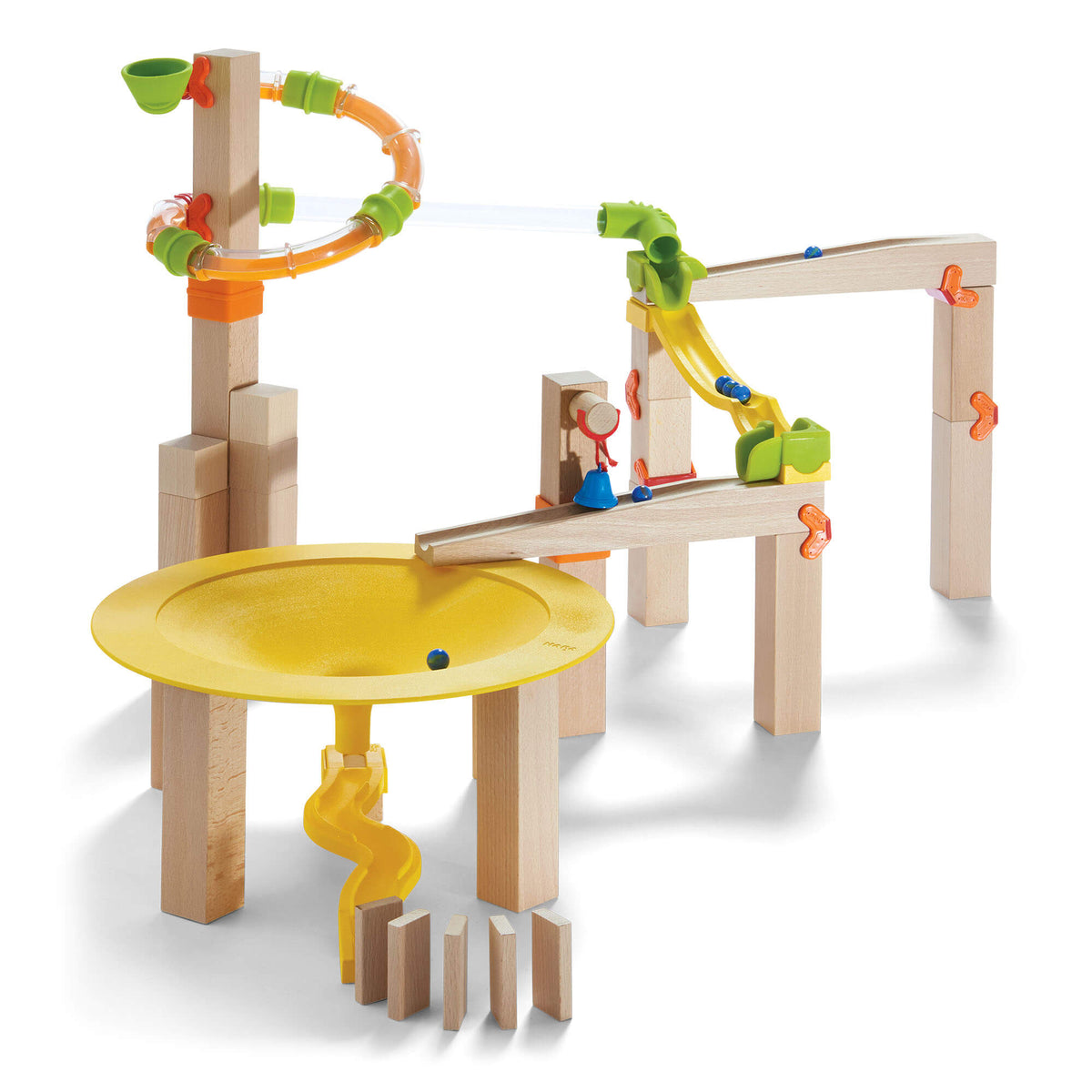 HABA Funnel Jungle marble run with wooden supports, yellow funnel and curved tube track