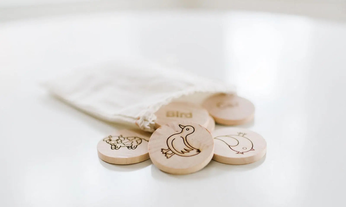 Close-up of mini sight-word picture tiles beside a cloth storage bag
