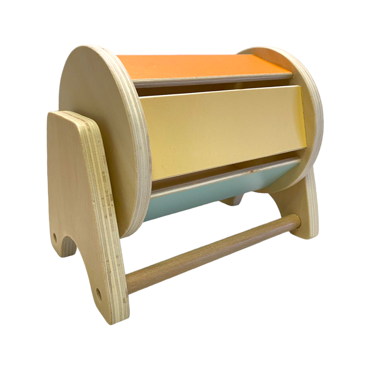 pastel wooden Montessori spinning drum with internal bells