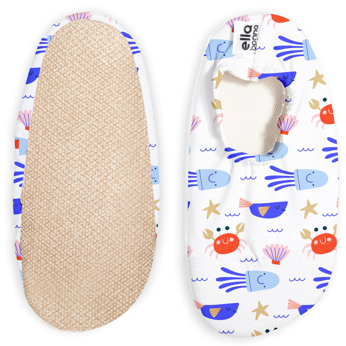 White slip-on water shoes with colorful crabs, shells and starfish, with one sole facing the camera on a white background.