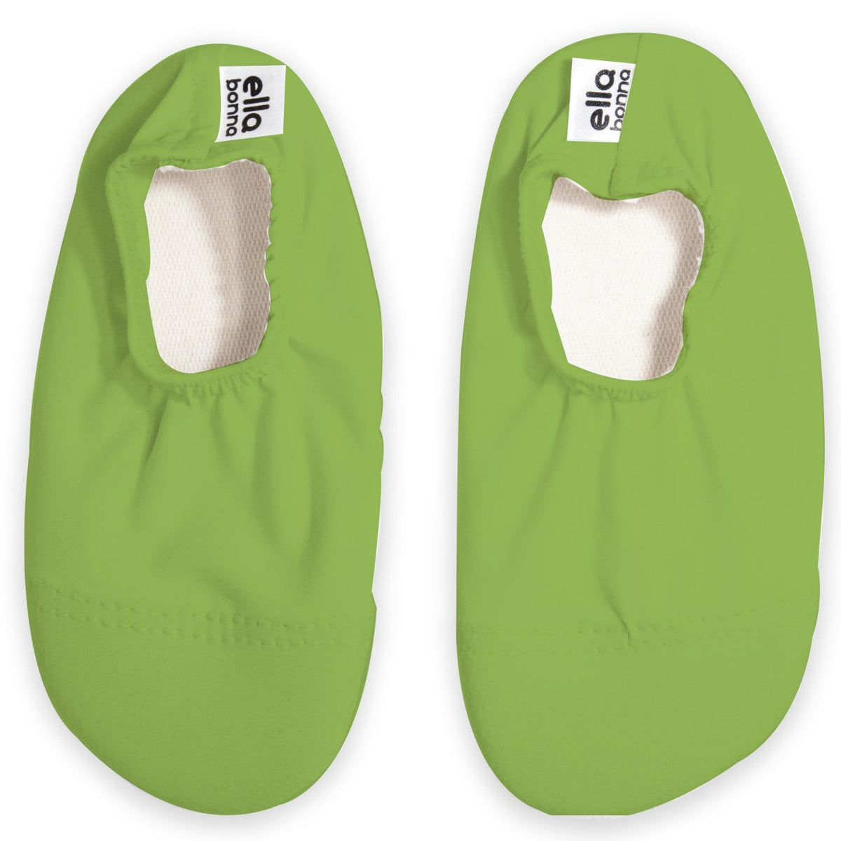 Top view of a pair of green slip-on water shoes with cream lining on a white background.