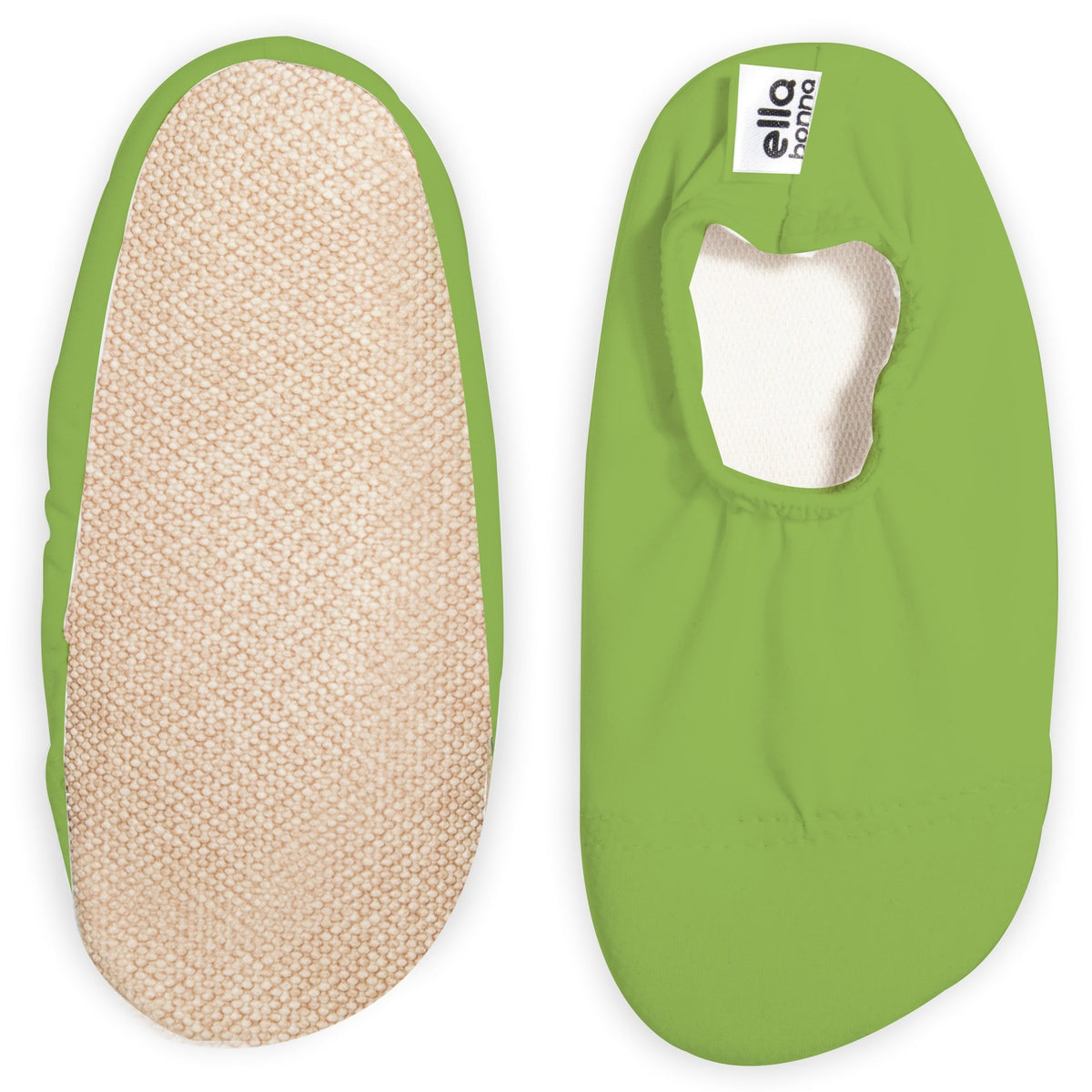 Green slip-on water shoes with cream lining, with one sole facing the camera on a white background.