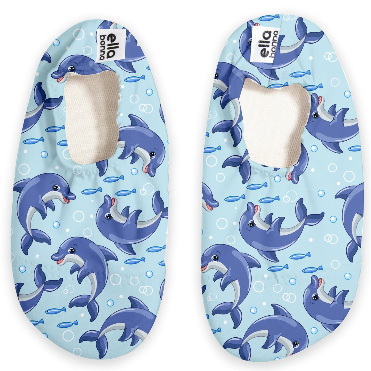 Top view of a pair of light blue slip-on water shoes with blue dolphin print on a white background.