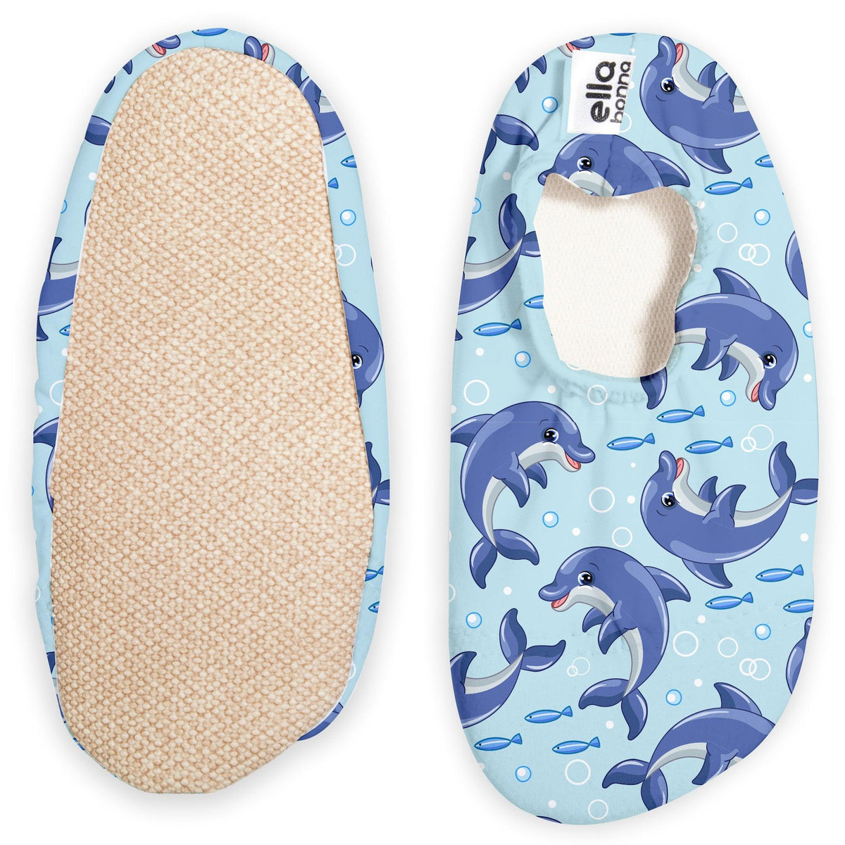 Light blue slip-on water shoes with blue dolphin print, with one sole facing the camera on a white background.