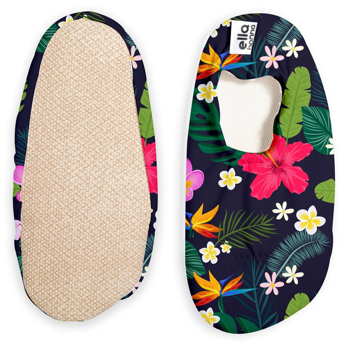 Dark slip-on water shoes with colorful tropical flowers and green leaves, with one sole facing the camera on a white background.