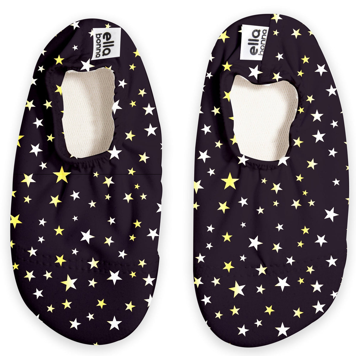 Top view of a pair of black slip-on water shoes with yellow-and-white star print on a white background.