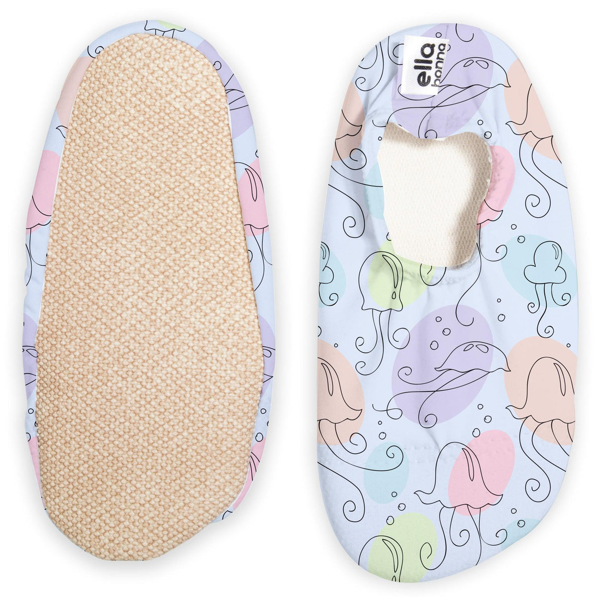 Pale blue slip-on water shoes with pastel jellyfish print, with one sole facing the camera on a white background.