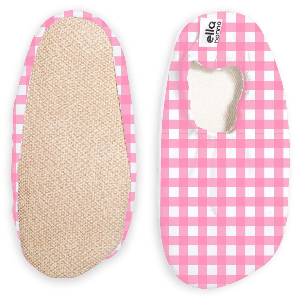 Pink-and-white gingham slip-on water shoes, with one sole facing the camera on a white background.