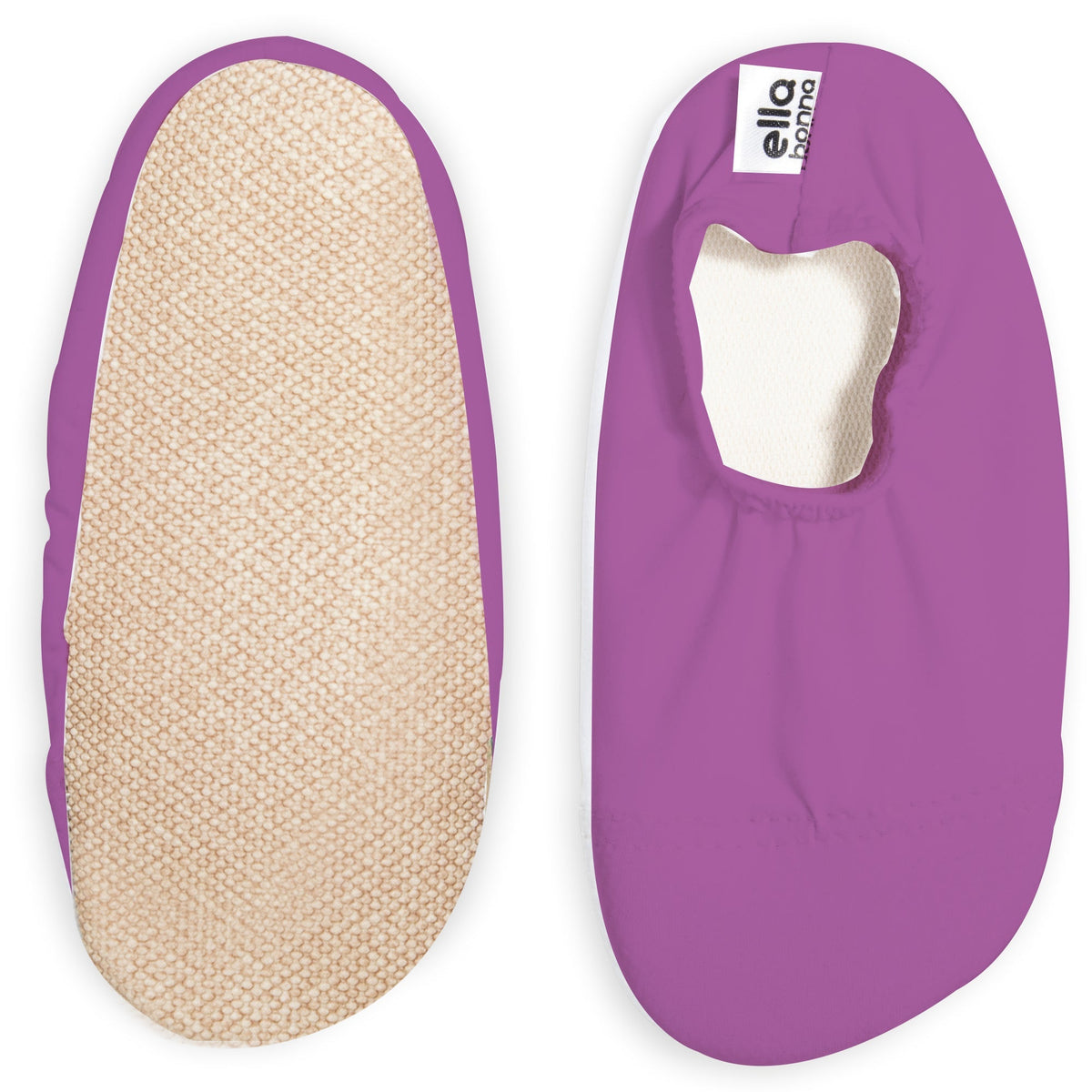 Purple slip-on water shoes with cream lining, with one sole facing the camera on a white background.