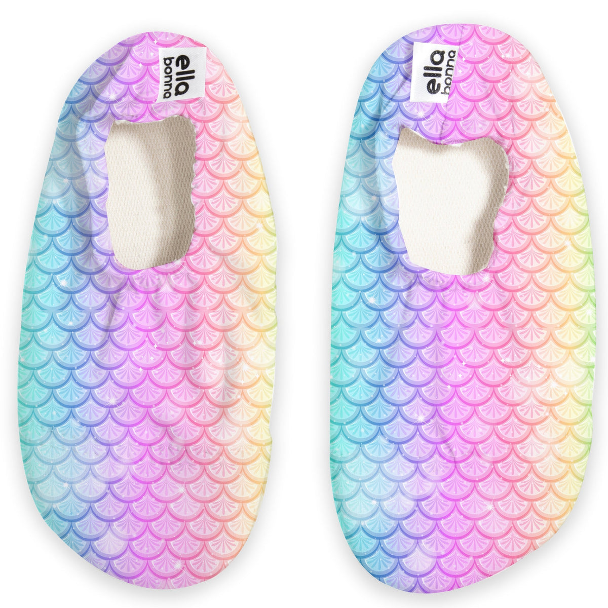 Top view of a pair of pastel rainbow slip-on water shoes with a scale pattern on a white background.