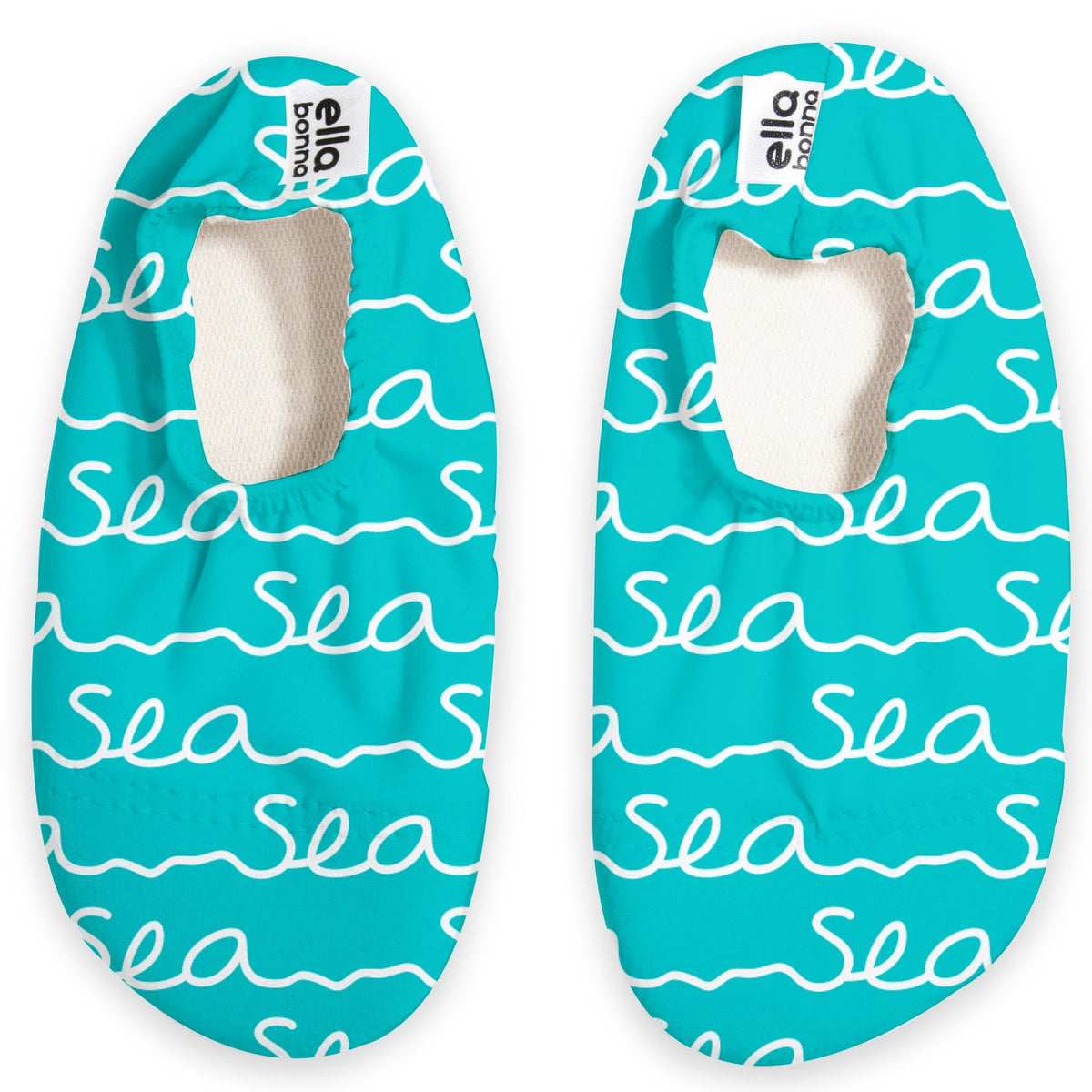 Top view of a pair of turquoise slip-on water shoes with white Sea script on a white background.
