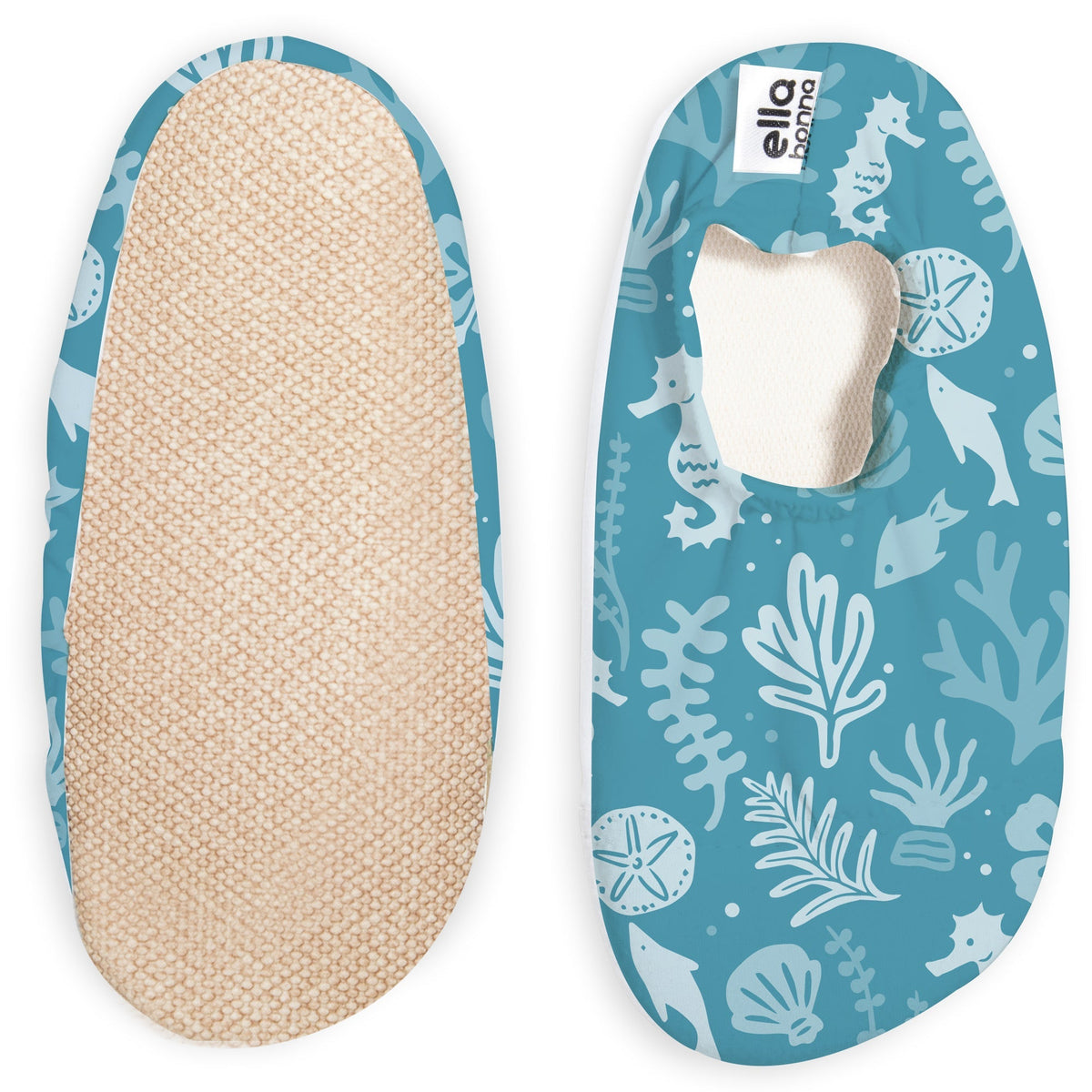 Teal slip-on water shoes with pale seahorses, coral and shells, with one sole facing the camera on a white background.