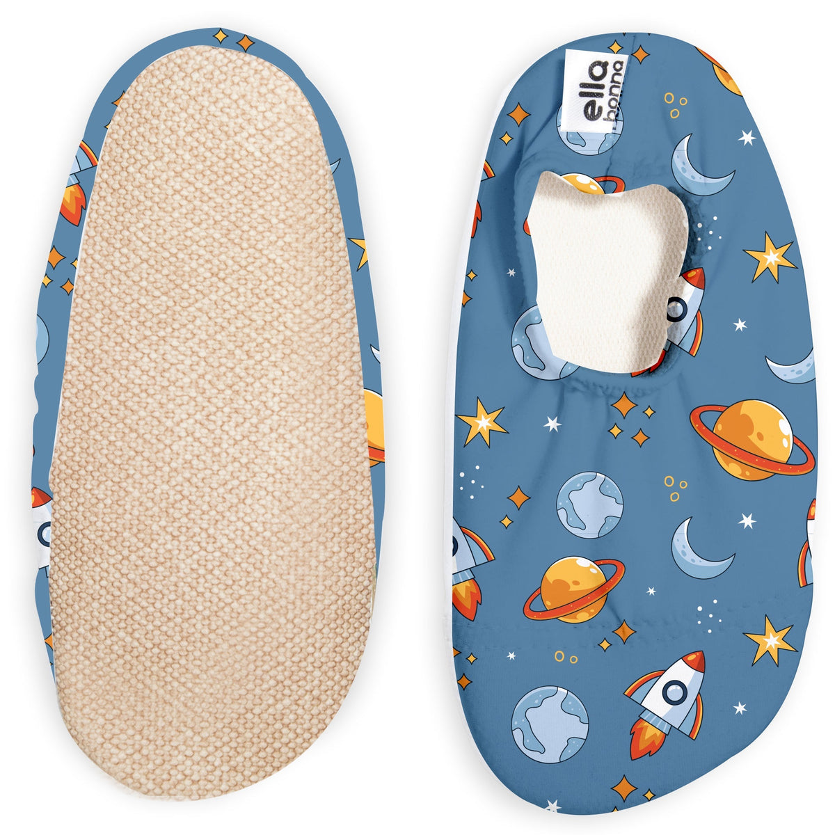 Blue slip-on water shoes with rockets, planets, stars and moons, with one sole facing the camera on a white background.