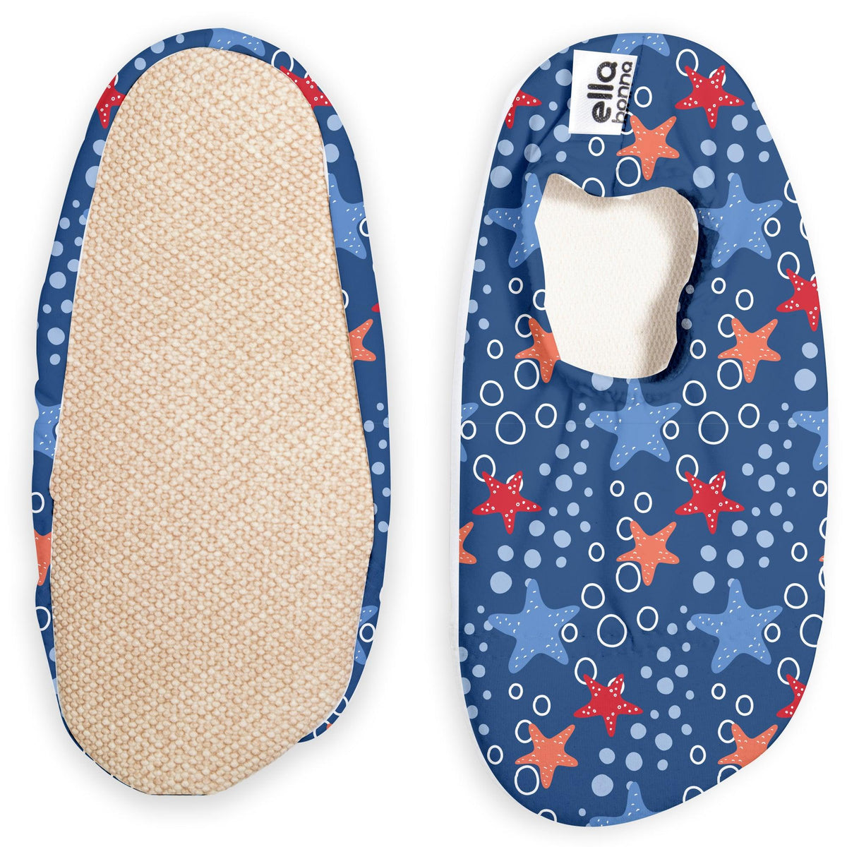 Blue slip-on water shoes with orange-and-blue starfish and bubble print, with one sole facing the camera on a white background.