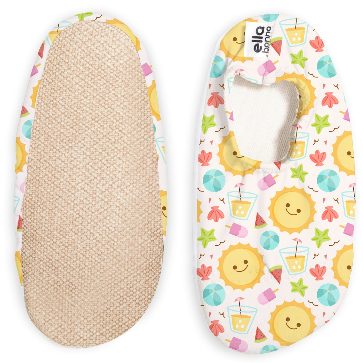 White slip-on water shoes with smiling yellow suns and colorful stars, with one sole facing the camera on a white background.